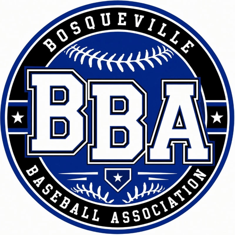 A circular logo with "BOSQUEVILLE BASEBALL ASSOCIATION" around the top and bottom edges, featuring large white "BBA" letters in the center against a blue background with baseball stitching, all on a white background.
