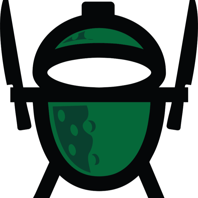 A stylized green grill with two knives on either side stands against a plain white background.