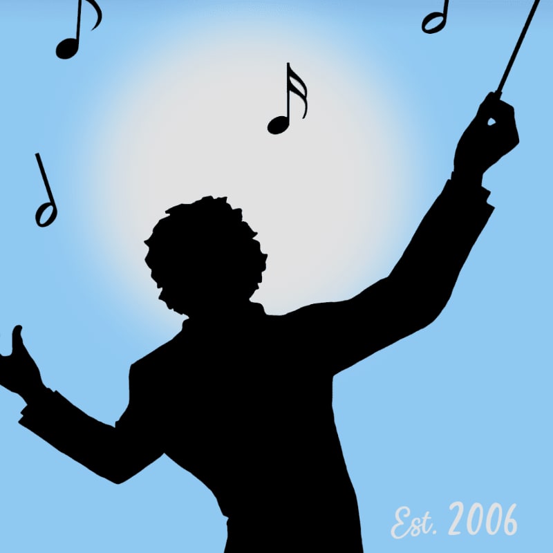 A silhouetted conductor with arms outstretched is surrounded by musical notes against a light blue background with a bright halo.
