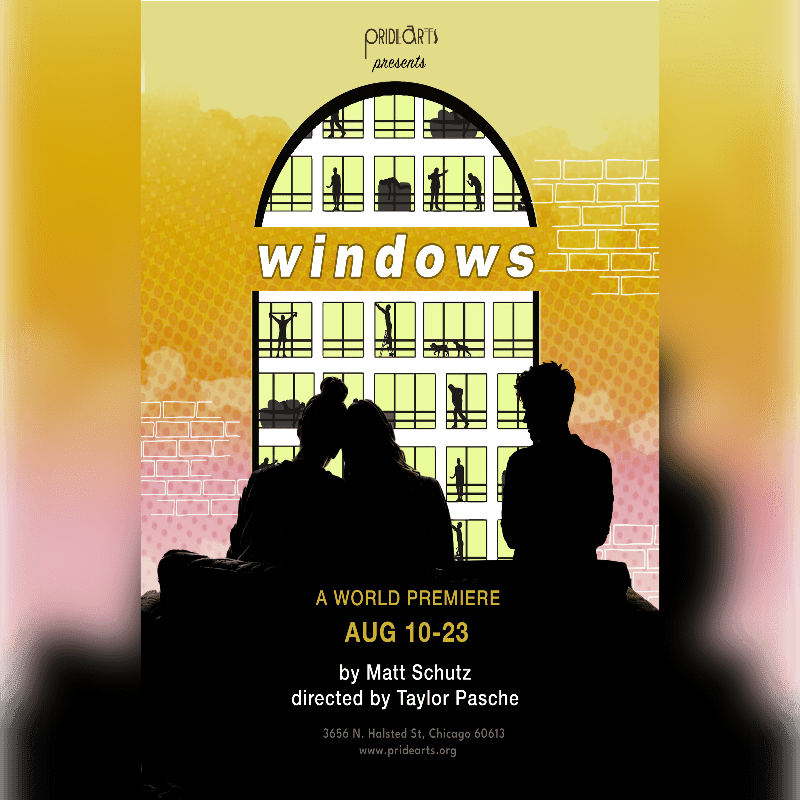 Silhouetted figures sit in the foreground before a large arched window displaying people in various poses, set against a textured yellow and brick background.