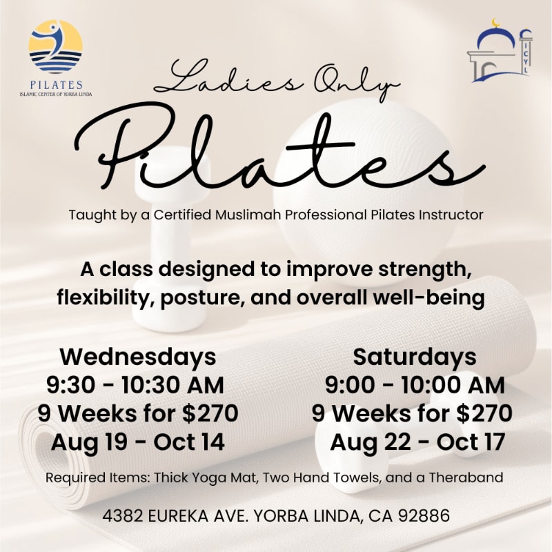 A Pilates class for ladies is advertised with a yoga mat and ball in the foreground and logos in the background.