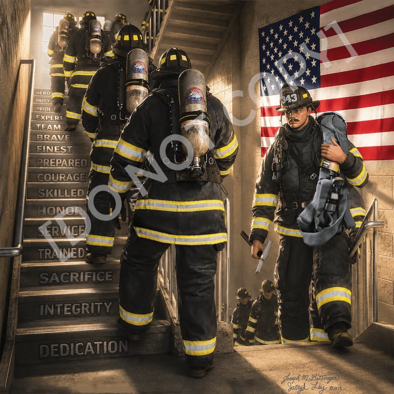 Firefighters in full gear ascend a staircase with inspirational words etched into the steps, while an American flag hangs on the wall in the background.