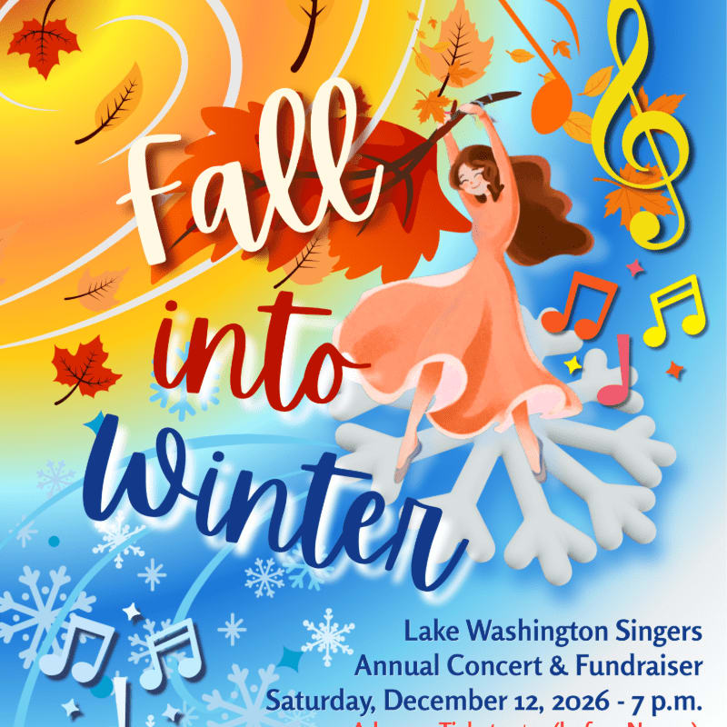 A dancer in an orange dress twirls amidst falling autumn leaves and snowflakes, with musical notes and event details in the background.