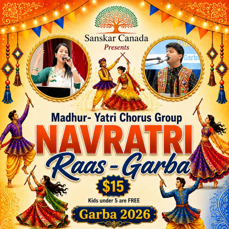 Colorful dancers in traditional Indian attire perform Raas-Garba in the foreground, while singers and musicians are featured in circular frames against a festive background of lights and decorations.