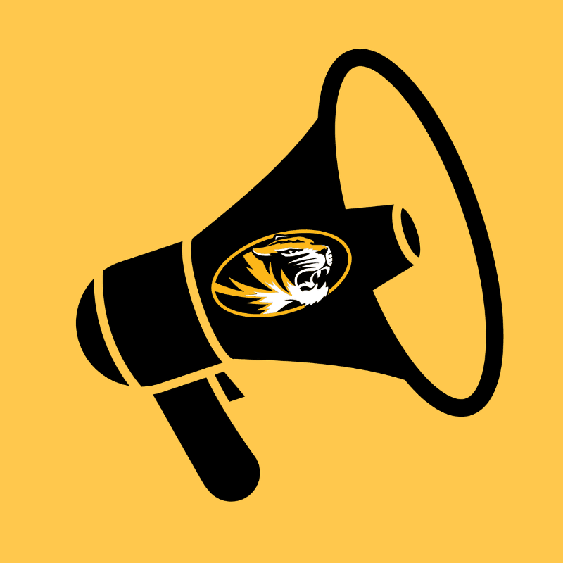 A black megaphone with a tiger logo is silhouetted against a solid yellow background.