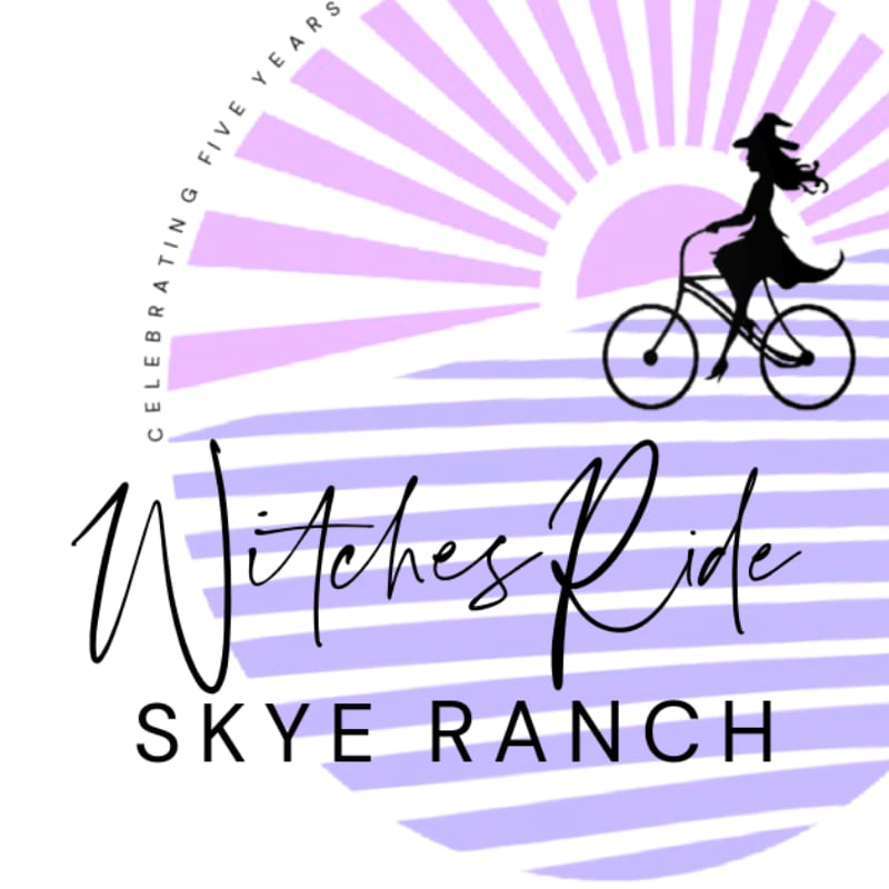 A silhouette of a witch on a bicycle rides across a purple and white striped background with the words "Witches Ride Skye Ranch" in the foreground and "Celebrating Five Years" in an arc above.