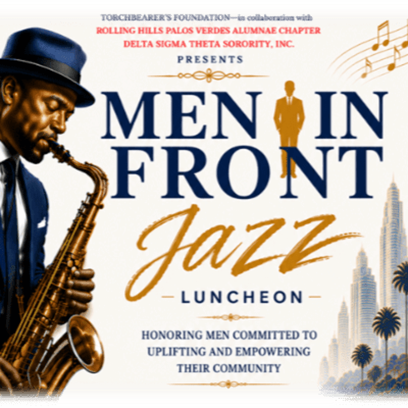 A man plays a saxophone in the foreground, while the background features text announcing a "Men in Front Jazz Luncheon" and a city skyline.