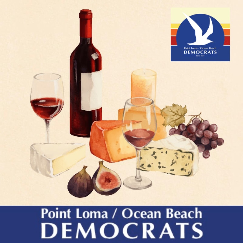A still life of wine, cheese, and fruit sits in the foreground, with a logo in the upper right corner and text at the bottom.