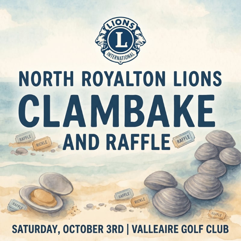 A watercolor illustration of a clambake and raffle event features clams and raffle tickets in the foreground against a sandy beach and ocean background, with the event details prominently displayed.