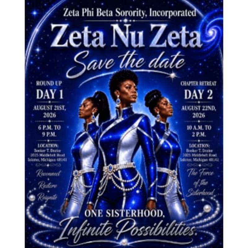 Three women in matching blue and silver outfits stand in the foreground against a starry, swirling blue background advertising a Zeta Phi Beta Sorority event.
