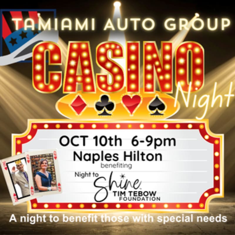 A vibrant "CASINO Night" sign with playing card symbols illuminates the background, while the foreground features event details and photos of a couple.