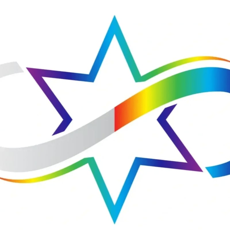 A rainbow-colored infinity symbol curves around a blue six-pointed star against a white background.