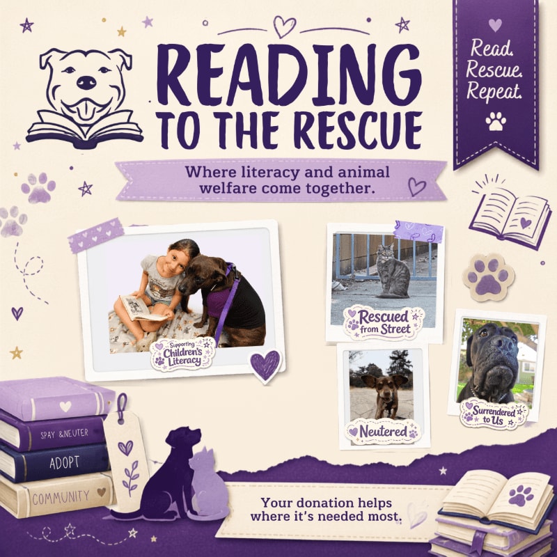 A stack of books and silhouettes of dogs and cats are in the foreground, while the background features photos of animals and text about literacy and animal welfare.