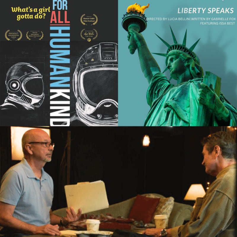 Two movie posters, one with a helmet and the title "For All Humankind" and another with the Statue of Liberty and the title "Liberty Speaks," are displayed above a scene of two men sitting and talking.