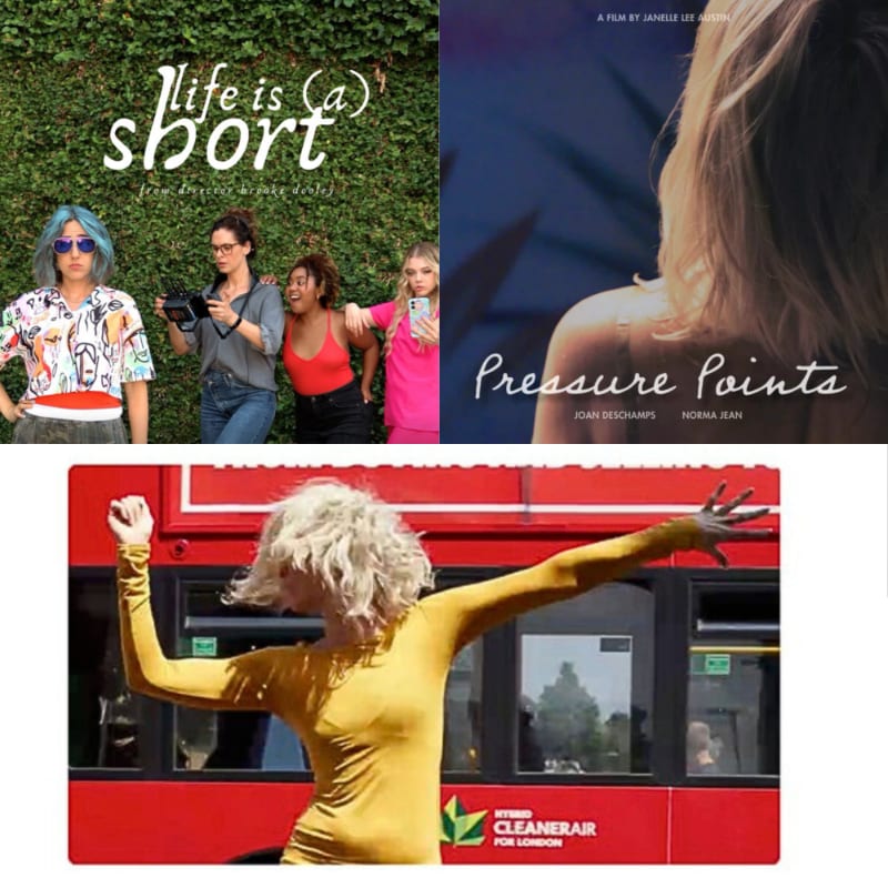 Three movie posters are displayed, with the top left showing four young women in front of a green hedge, the top right featuring a woman's back with text overlay, and the bottom image showing a woman with blonde hair in a yellow shirt with her arms outstretched in front of a red bus.