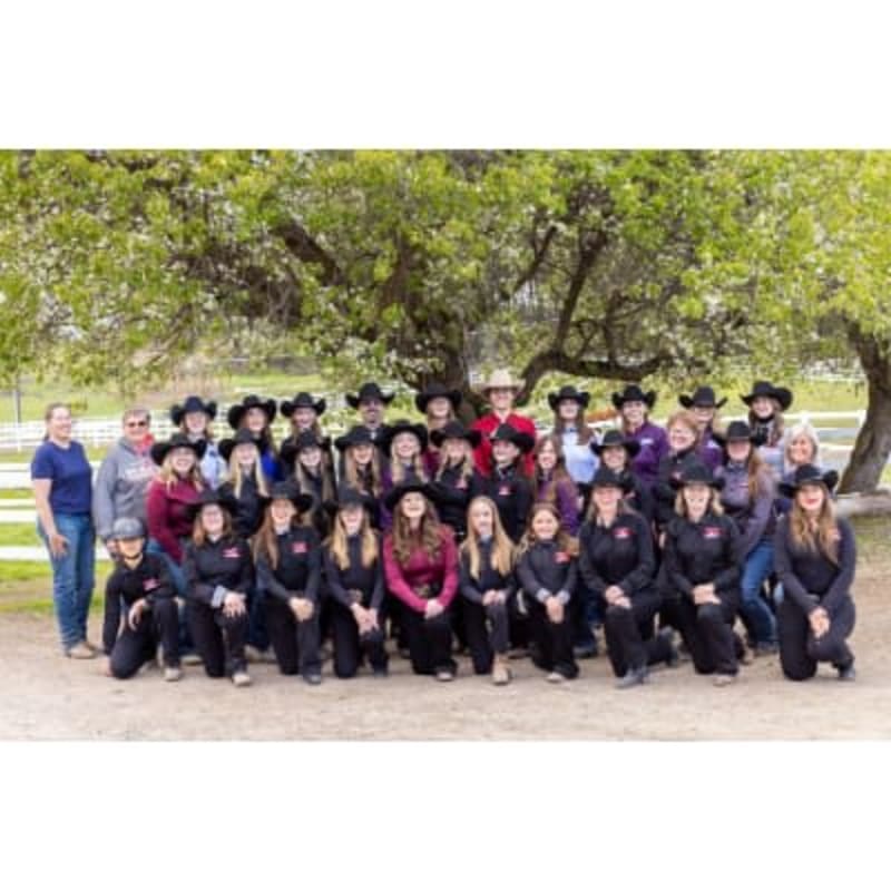 A group of people in cowboy hats and boots pose in front of a tree-lined background.