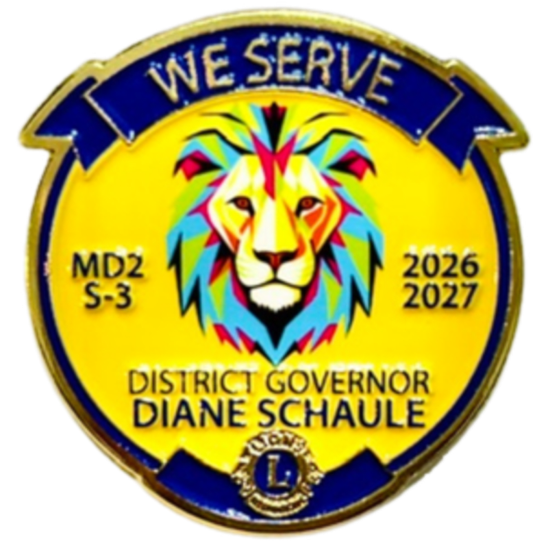 A colorful lion's head with the words "WE SERVE" above it is featured on a yellow background with text and a Lions Club logo at the bottom, all within a blue and gold border.