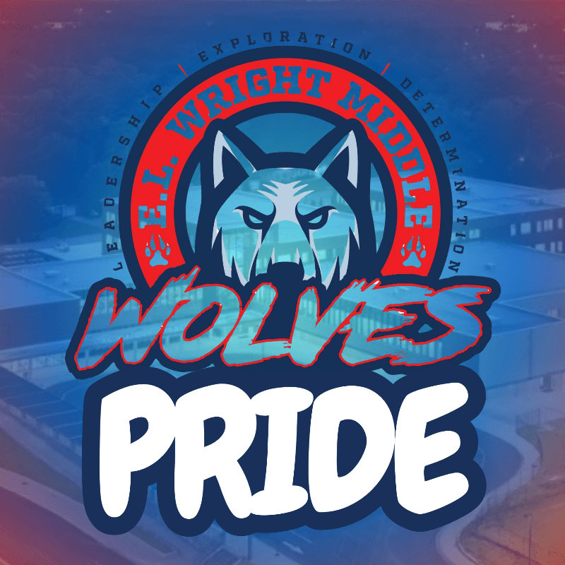 A fierce wolf mascot logo with "WOLVES PRIDE" in bold lettering is superimposed over a blurred image of a school building.