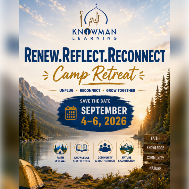 A serene mountain lake with a tent in the foreground is set against a backdrop of trees and a sunset sky, advertising a "Camp Retreat" for September 4-6, 2026.