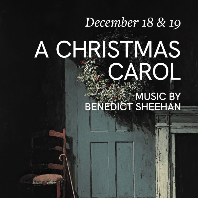 A chair and cane stand in the foreground before a closed, decorated door, with "A Christmas Carol" and performance dates in the background.