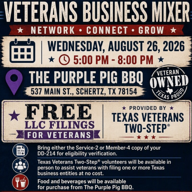 A "Veterans Business Mixer" event flyer is displayed with details about date, time, location at The Purple Pig BBQ, and free LLC filings for veterans, all set against a rustic, textured background.