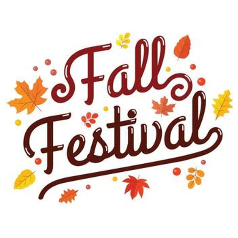 The words "Fall Festival" are written in a cursive font, surrounded by colorful autumn leaves and small red dots.