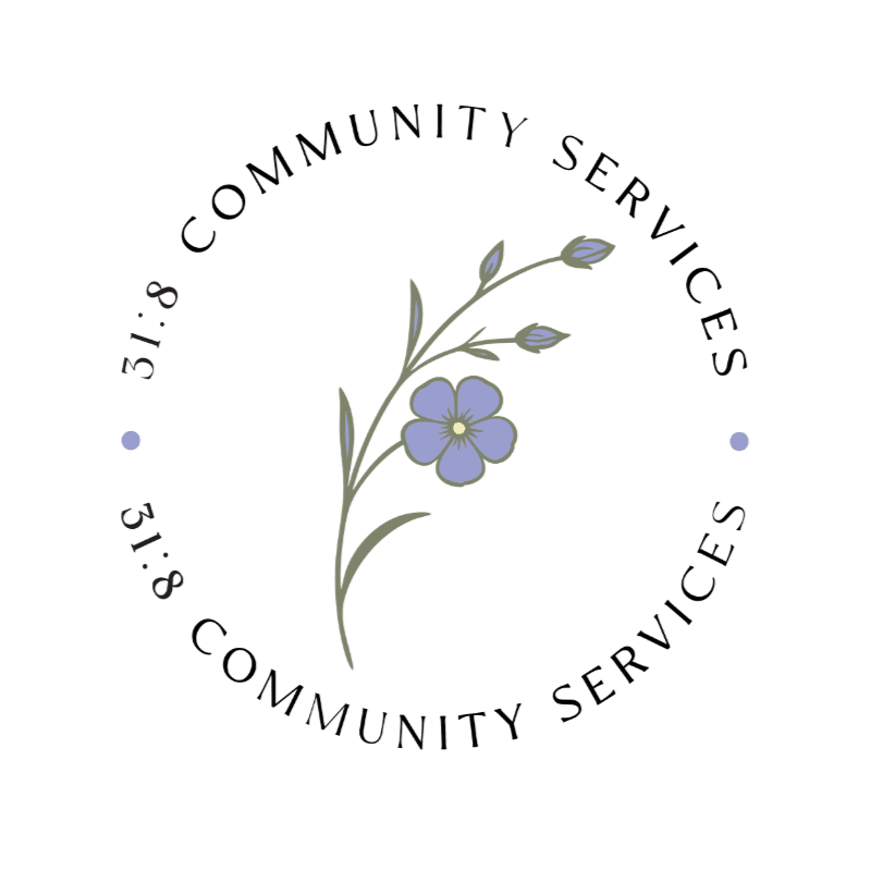 A delicate blue flower with green stems and buds is centered within a circular logo that reads "31:8 COMMUNITY SERVICES" in a muted font.