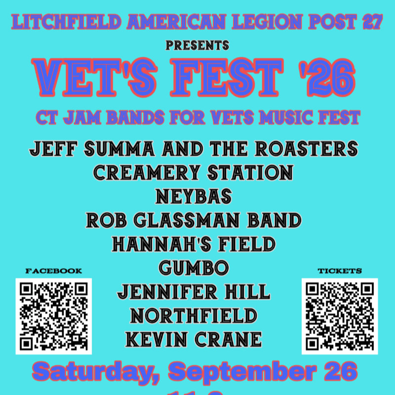 A bright blue poster advertises "Vet's Fest '26" with a list of bands and QR codes for Facebook and tickets in the foreground, set against a plain blue background.