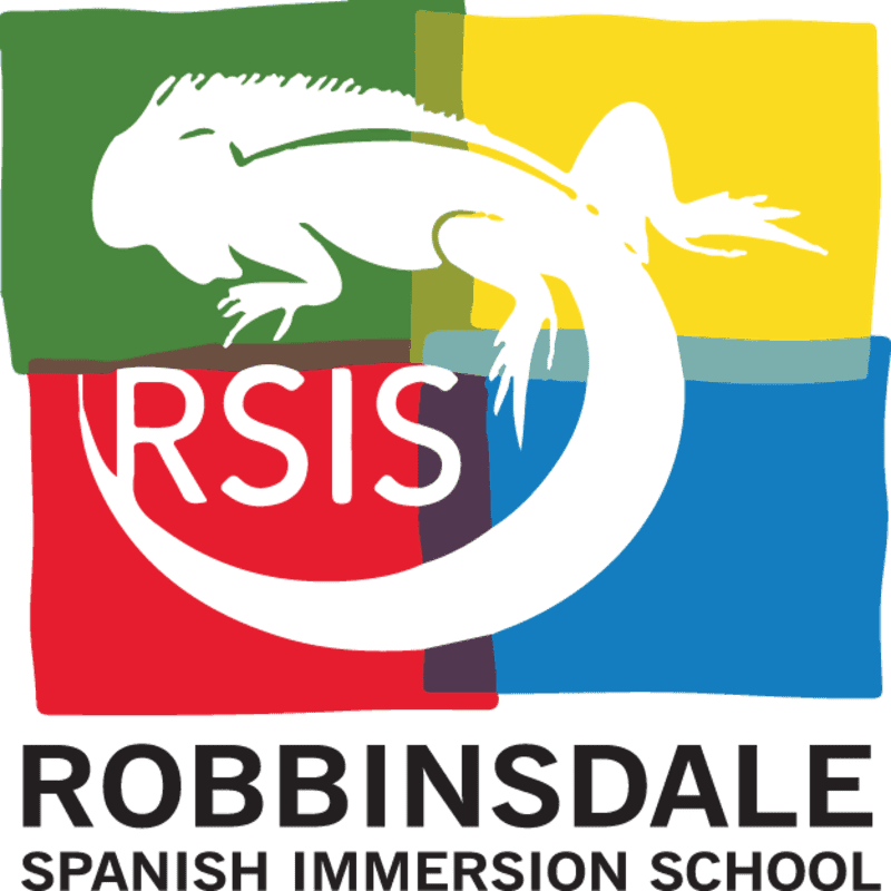 A white iguana arches over the letters "RSIS" on a background of four colored squares, with "ROBBINSDALE SPANISH IMMERSION SCHOOL" written below.