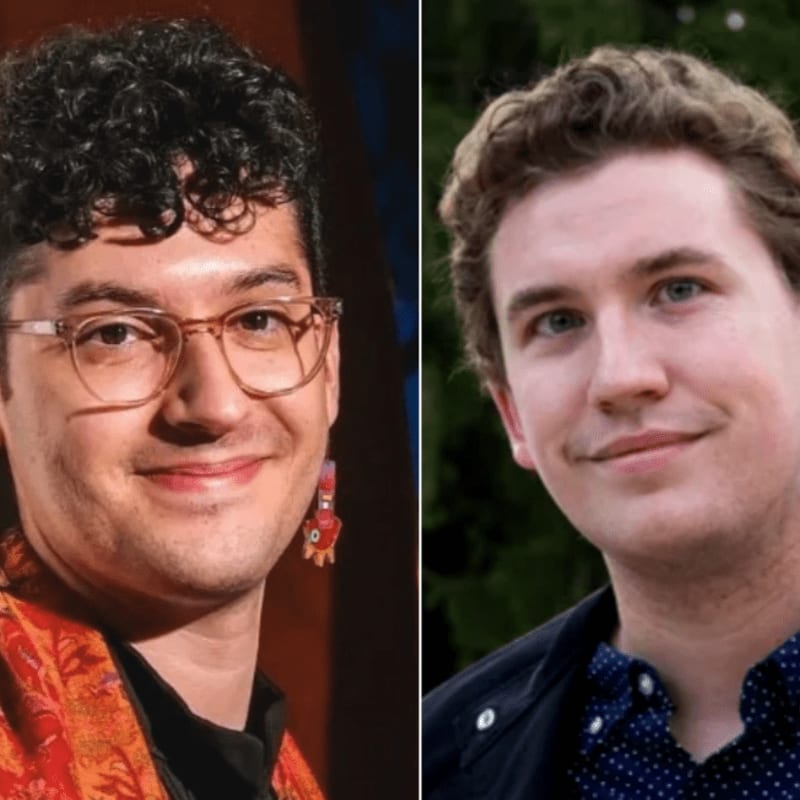A split image shows a man with curly hair and glasses in the foreground on the left, and another man with light brown hair in the foreground on the right, with a blurred background of greenery.