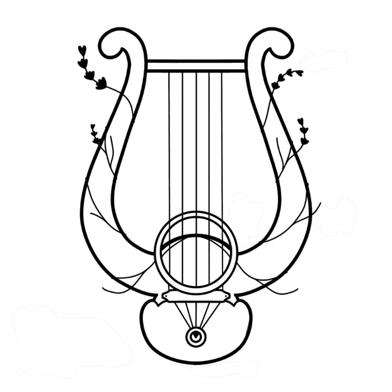 A black and white line drawing of a lyre adorned with delicate branches and small heart-shaped leaves in the foreground, set against a plain white background.