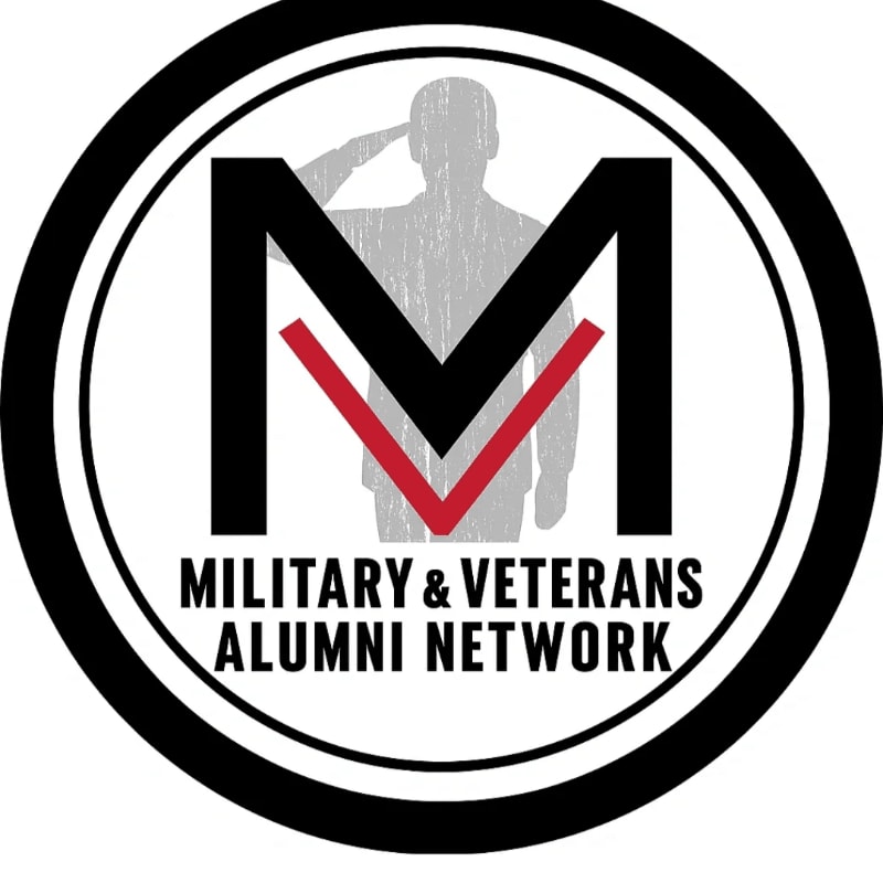 A silhouette of a saluting soldier stands behind a large "M" with a red "V" inside, all within a circular logo that reads "MILITARY & VETERANS ALUMNI NETWORK."