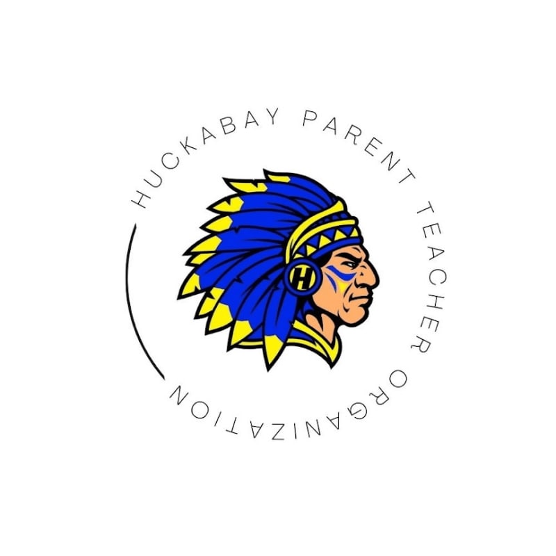 A stylized Native American headdress and profile are centered on a white background, encircled by text reading "HUCKABAY PARENT TEACHER ORGANIZATION."