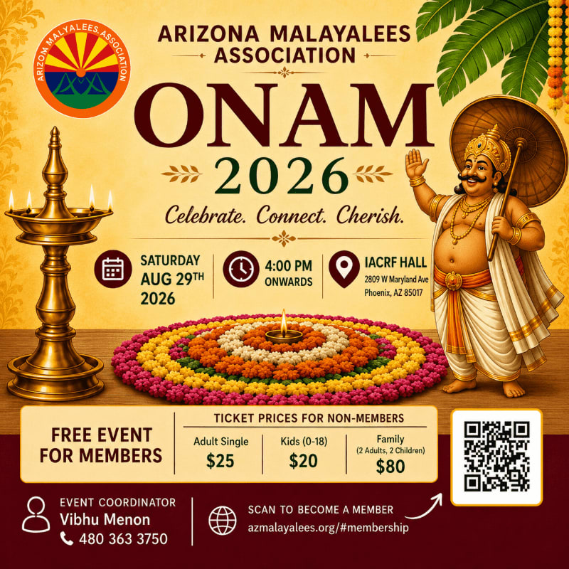 A traditional Indian lamp and a colorful floral carpet are in the foreground, while a festive Onam celebration poster with event details and a depiction of King Mahabali is in the background.