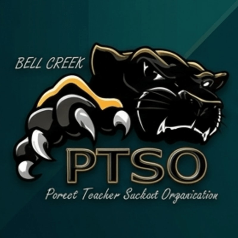 A black panther with sharp claws lunges forward against a dark teal background with the words "BELL CREEK PTSO" and "Poreect Teacher Suckout Organization" below it.