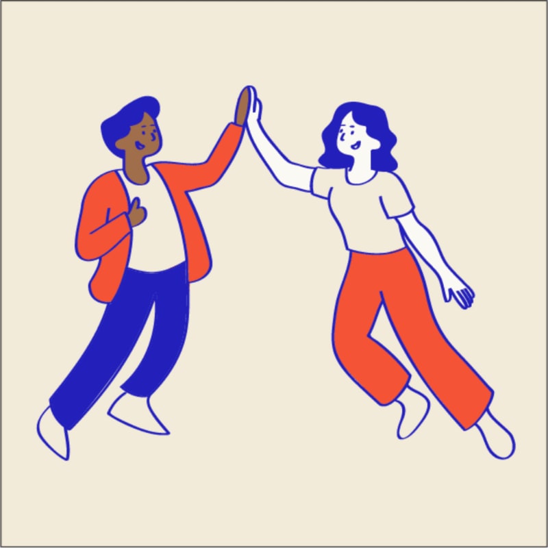 Two people, one with dark skin and wearing a red jacket and blue pants, and another with fair skin and wearing an orange shirt and red pants, are high-fiving against a plain, light-colored background.