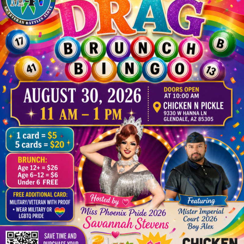 A vibrant poster advertises a Drag Brunch Bingo event with a drag queen in the foreground and a man in the background, set against a colorful, confetti-filled backdrop.