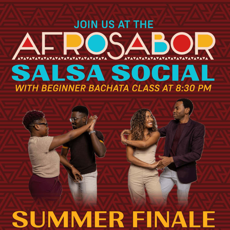 Four people dance salsa in the foreground against a maroon background with a geometric pattern and event details.