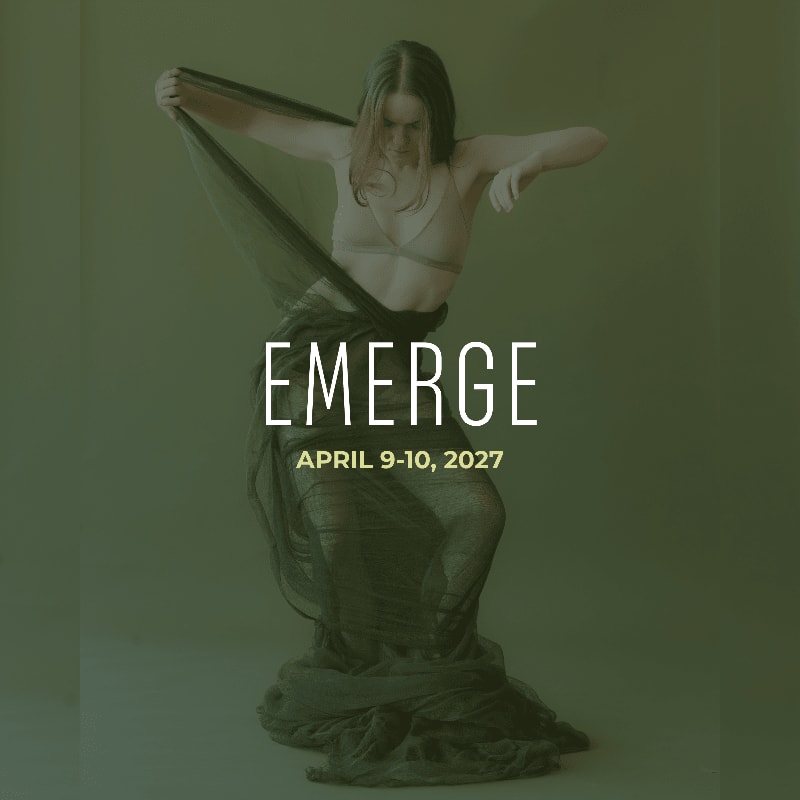 A dancer in the foreground is draped in dark fabric against a muted green background, with the word "EMERGE" and dates superimposed.