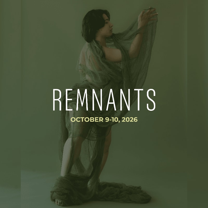 A person draped in flowing fabric stands against a muted green background, with the word "REMNANTS" and a date superimposed.