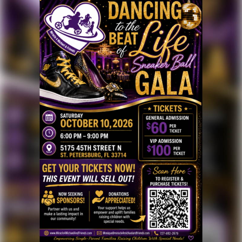 A pair of high-top sneakers and high heels are in the foreground, with a vibrant event poster for a "Dancing to the Beat of Life Sneaker Ball Gala" in the background.