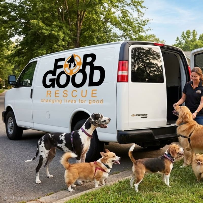A woman stands by an open van with several dogs in the foreground, while a tree-lined street forms the background.