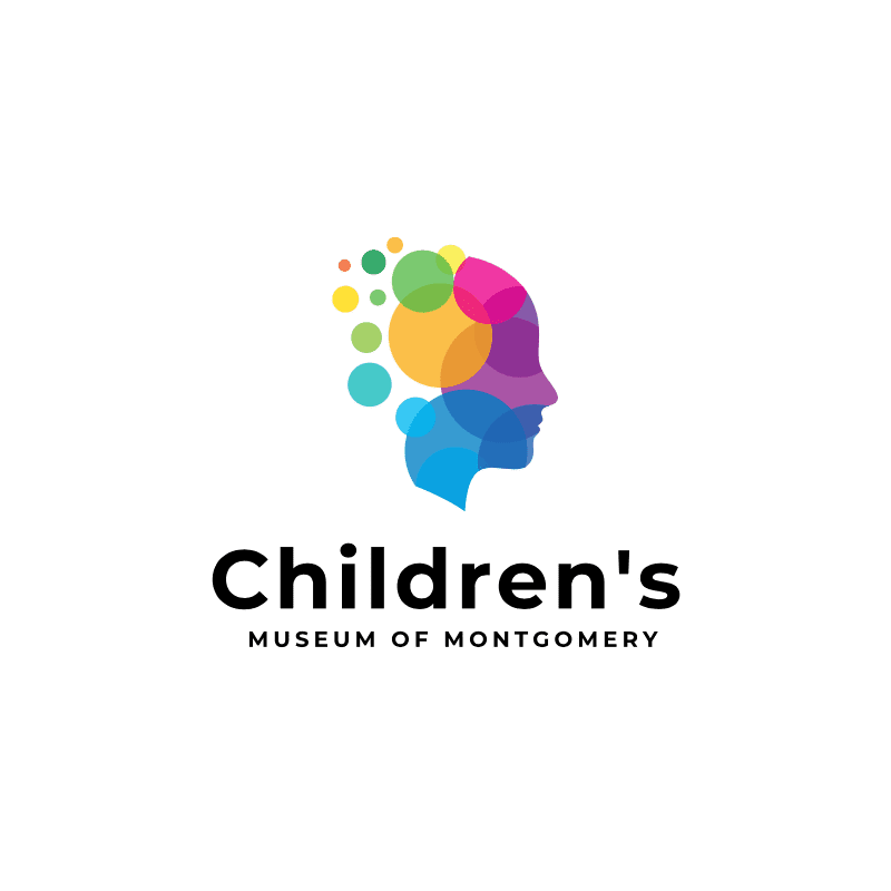 A colorful, abstract silhouette of a child's head with floating circles in the foreground is set against a plain white background, with the text "Children's Museum of Montgomery" below.