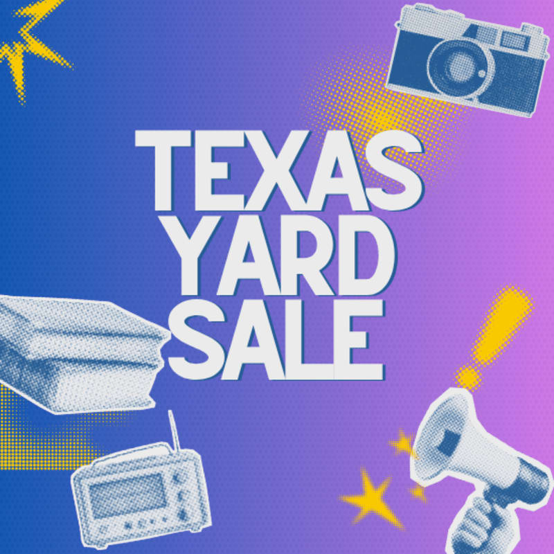 A vintage camera and megaphone are in the foreground against a purple and blue gradient background with the words "TEXAS YARD SALE" in large white letters.