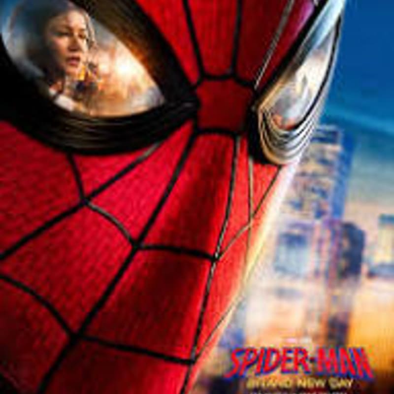 A close-up of Spider-Man's mask in the foreground reveals a woman's reflection in his eye, with a blurred cityscape in the background.
