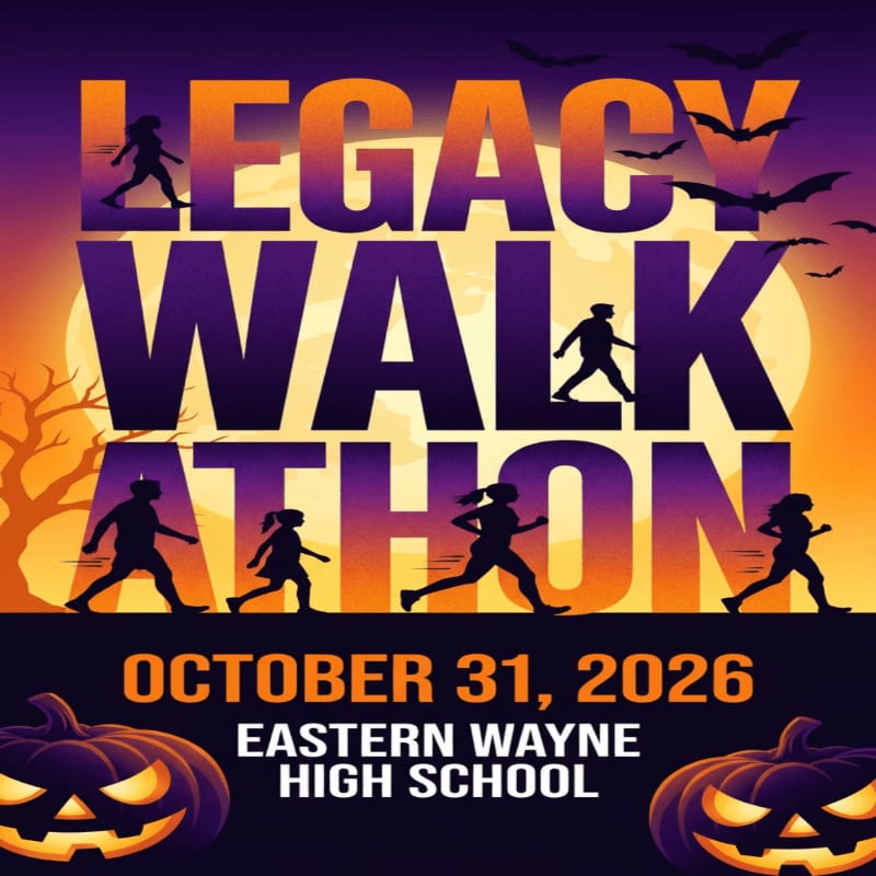 Silhouetted figures run across the foreground in front of a large "LEGACY WALKATHON" text, with pumpkins at the bottom and a spooky Halloween-themed background featuring a moon and bats.
