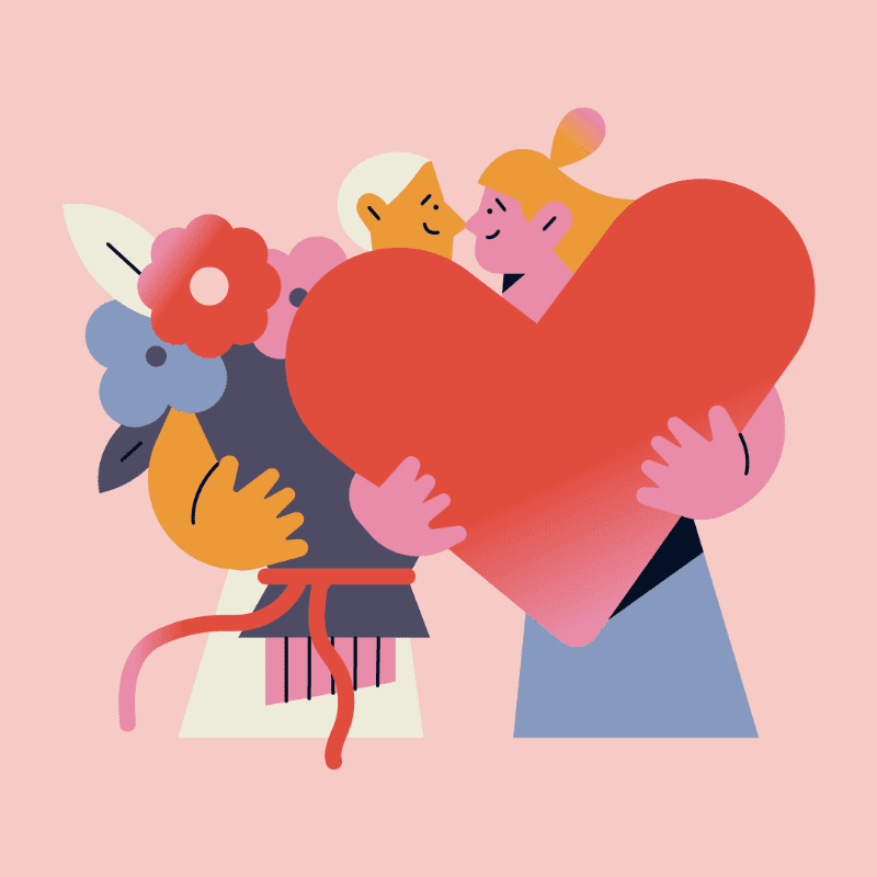 Two people embrace a large red heart, with a bouquet of flowers to their left, against a soft pink background.