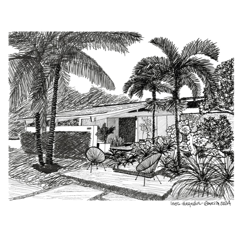 Two modern chairs sit on a patio in front of a mid-century modern house with palm trees and lush foliage in the background.
