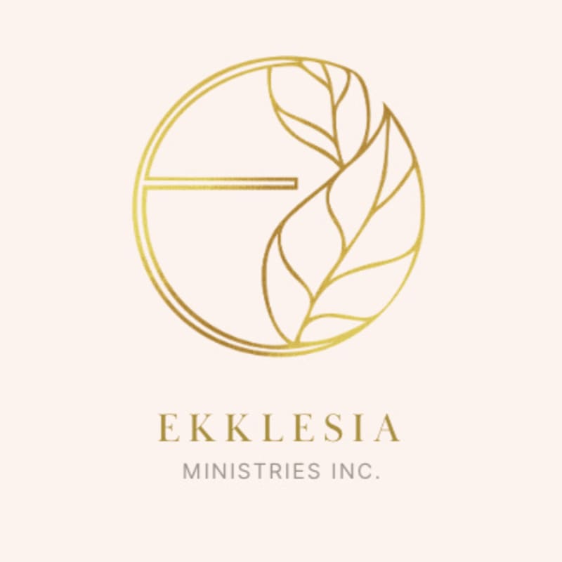 A gold circular logo with leaf accents sits above the text "EKKLESIA MINISTRIES INC." on a pale cream background.