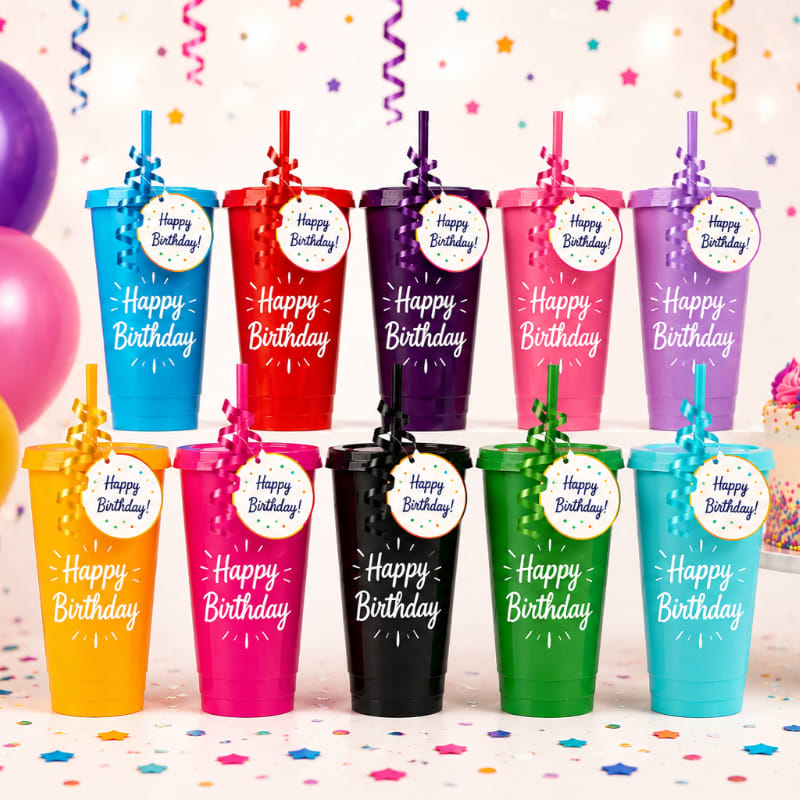 Colorful birthday cups with "Happy Birthday" written on them are arranged in two rows in the foreground, with balloons and confetti in the background.